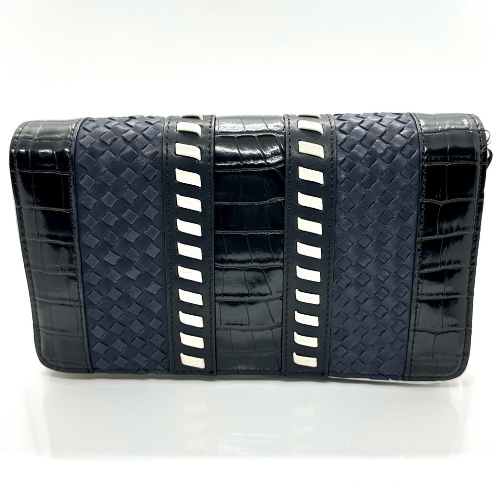Hanna Leather Shoulder Purse Bag Navy Woven Embossed Crocodile Snake Print
